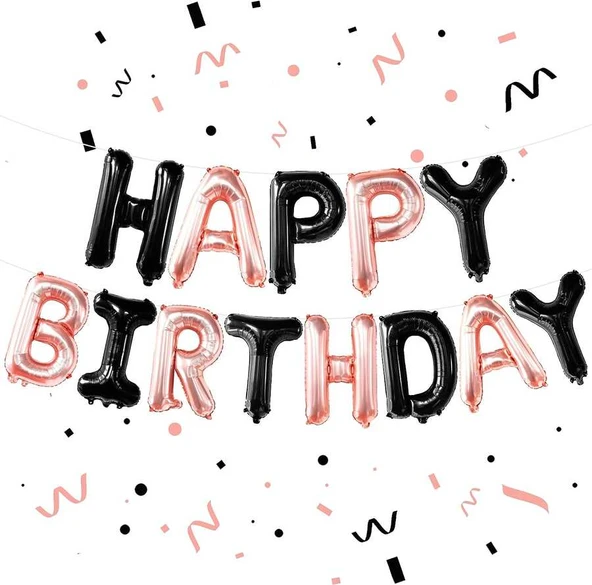 Happy Bırthday Siyah Ve Rose Gold Folyo Balon ürün görseli 1