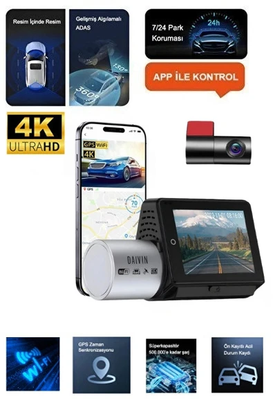 DAIVIN A6M 4k Qhd Wifi Adas 170° Ultra Geniş Açılı Gece Görüşlü Ön ve Arka Araç İçi Kamera ürün görseli 1