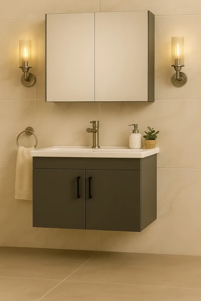 DEMEZLER MOBİLYA Luna 65 cm Antrasit Camlı Üst Modül ve Seramik Lavabolu, MDF Banyo Dolabı Takımı ürün görseli 1