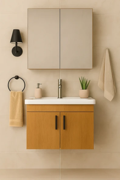 DEMEZLER MOBİLYA Luna 65 cm Ahşap Camlı Üst Modül ve Seramik Lavabolu, MDF Banyo Dolabı Takımı ürün görseli 1