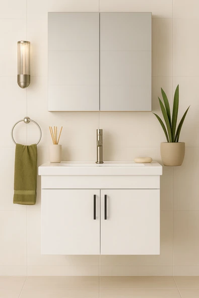 DEMEZLER MOBİLYA Luna 65 cm Beyaz Camlı Üst Modül ve Seramik Lavabolu, MDF Banyo Dolabı Takımı ürün görseli 1