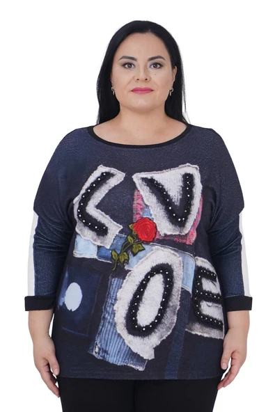 Büyük Beden Çiçek Nakışlı Love Nakışlı Kışlık Oversize Bluz ürün görseli 1