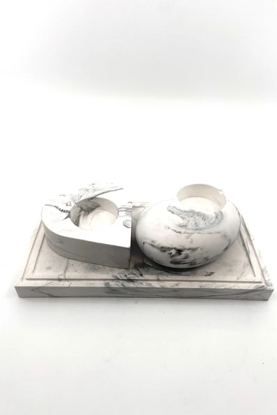 Betonmall Üçlü Set Mermer Desenli Beton Tealight Mumluk Ve Tepsi ürün görseli 1