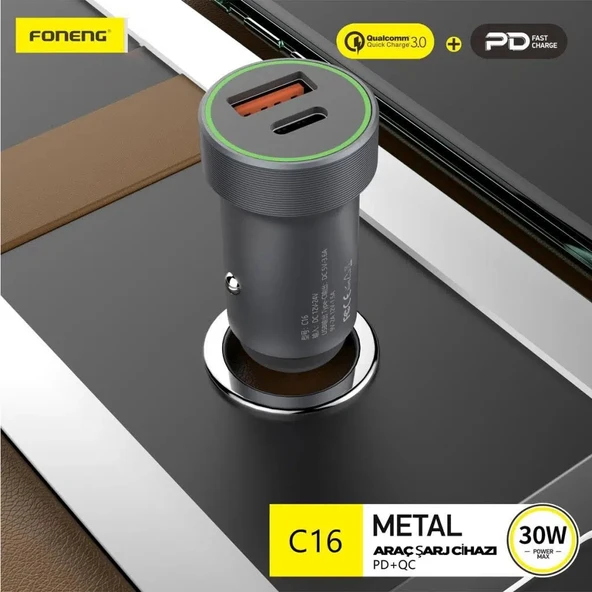 Foneng C16 30W Type-C + USB Araç içi Şarj Adaptörü - Resim 4