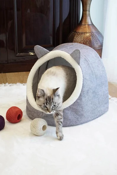 Alas Gri Keçe Kedi Ve Köpek Evi Yatağı-mama Kabı 2 Kaseli Kedi-köpek Suluk,mamalık Paspas Seti ürün görseli 1
