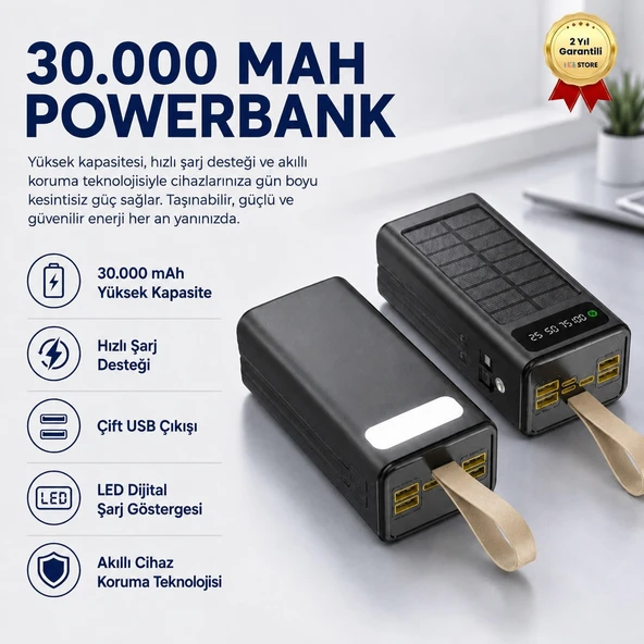 30,000 mAh Ultra Güçlü Taşınabilir Powerbank Hızlı Şarj Dahili Kablolu LED Gösterge Akıllı Cihaz Koruma ürün görseli 1
