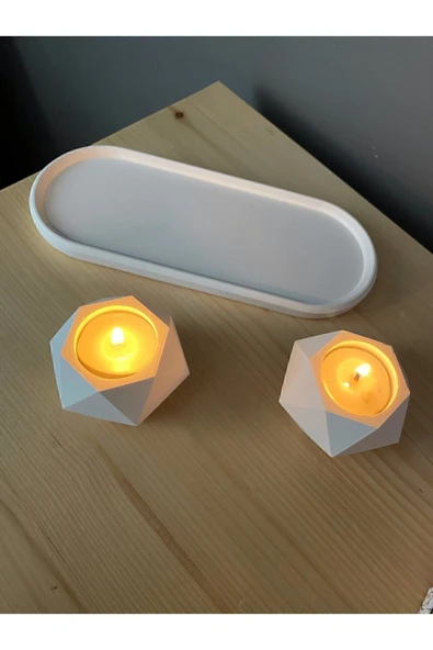 Betonmall Geometrik Tealight Beton Mumluk, Oval Tabaklı Dekoratif Hediyelik Set Ham Beyaz ürün görseli 1