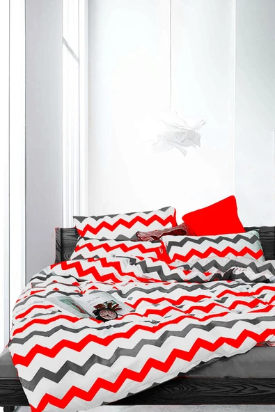 Doğal Pamuk Tek Kişilik Nevresim Takımı Kırmızı Zigzag -899846170 ürün görseli 1