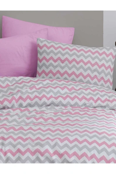 Tek Kişilik Lastikli Nevresim Takımı 160x220 - Pembe Zikzak Desenli ürün görseli 1