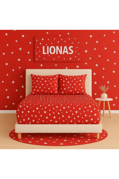 Desenli 140 x 200 cm Kırmızı Yıldız Lastikli Çarşaf ve 2 Adet Yastık Kılıfı ürün görseli 1