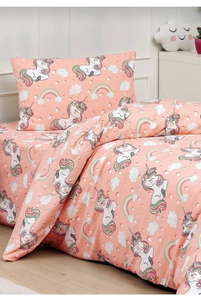 Unicorn Pamuklu Kız Çocuk Lastikli Çarşaflı (FİTTED) Tek Kişilik Nevresim Takımı ürün görseli 1