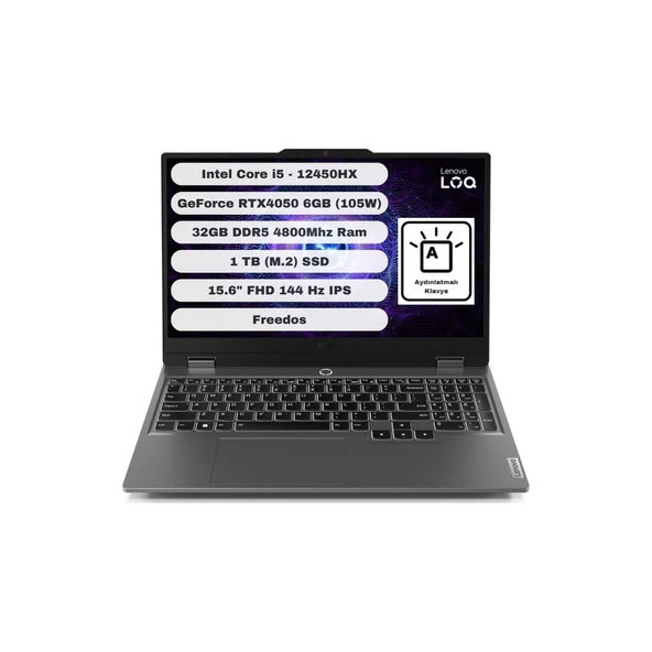 Loq 15IAX9 GTI132 Intel Core I5 12450HX 32GB 1tb SSD Rtx 4050 Freedos 15.6'' Fhd Taşınabilir Bilgisayar 83GS007WTR ürün görseli 1
