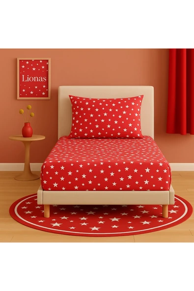 Desenli 120 x 200 cm Ara Ölçü Kırmızı Yıldız Lastikli Çarşaf ve Yastık Kılıfı ürün görseli 1