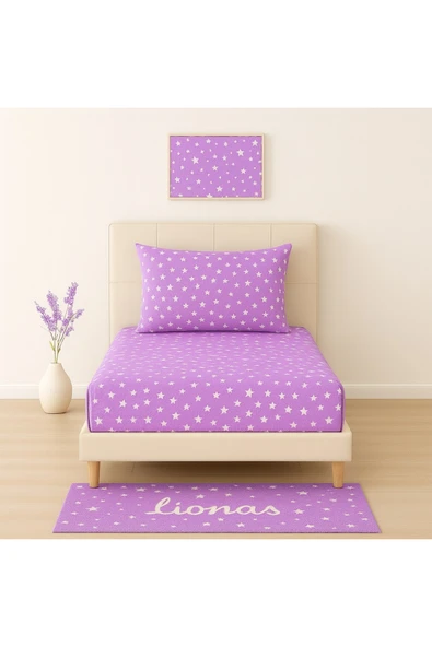 Desenli 100 x 200 cm Tek Kişilik Lila Yıldız Lastikli Çarşaf ve Yastık Kılıfı ürün görseli 1
