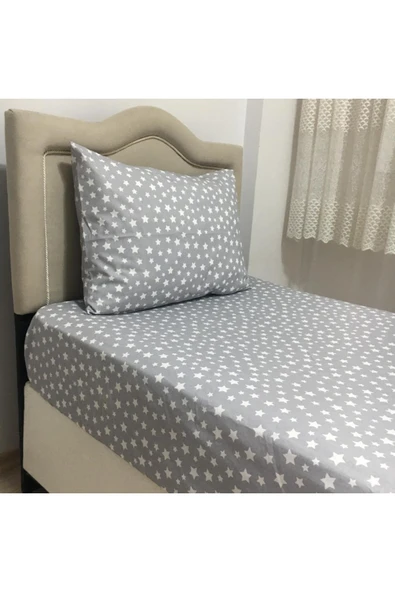 Tek Kişilik Ranforce Kumaş Lastiksiz Çarşaf Takımı Yıldız Gri ürün görseli 1