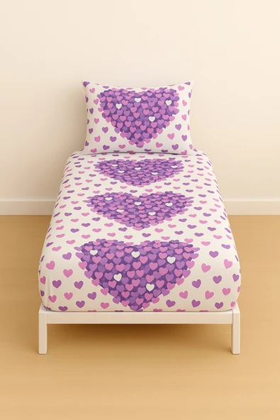 Desenli Tek Kişilik Mor Kalp 90 x 200 cm Lastikli Çarşaf ve Yastık Kılıfı ürün görseli 1