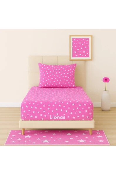Desenli 120 x 200 cm Ara Ölçü Pembe Yıldız Lastikli Çarşaf ve Yastık Kılıfı ürün görseli 1