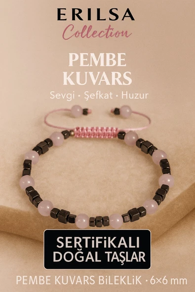 Sertifikalı Doğal Terahertz Pembe Kuvars Taşı Bileklik 6x6 mm Sevgi ve Huzur Taşı ürün görseli 1