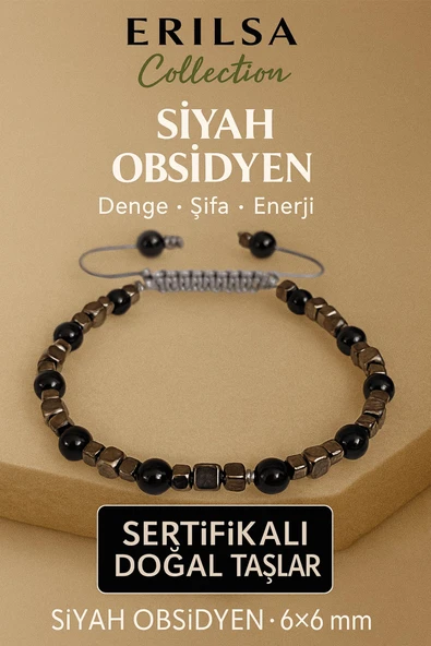 Sertifikalı Doğal Terahertz Siyah Obsidyen Taşı Bileklik 6x6 mm - Denge ve Enerji Taşı ürün görseli 1