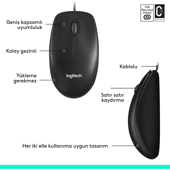 Logitech M90 USB Optik Kablolu Mouse - Siyah - Resim 6
