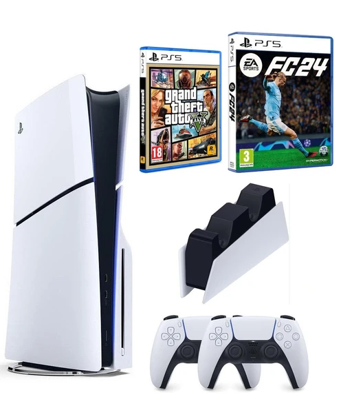 Sony Playstation 5 Slim Cd Edition + 2. DualSense Ps5 Kol + Sarj istasyonu + Fifa Fc 24 + GTA 5 (ithalatçı Garantili) ürün görseli 1
