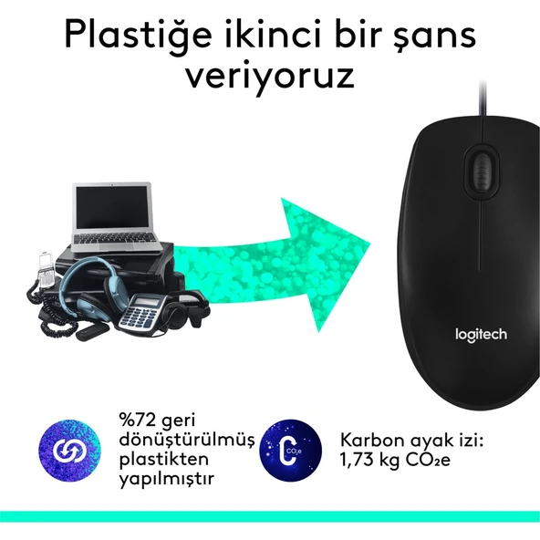 Logitech M100 Kablolu 1000 DPI USB Mouse - Siyah - Resim 5