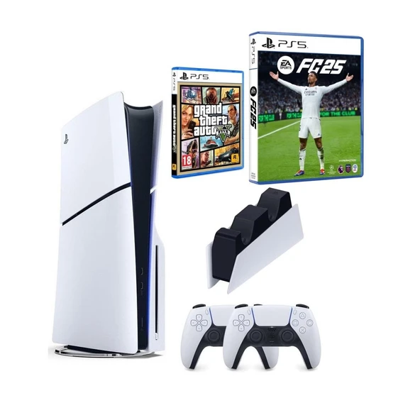 Sony Playstation 5 Slim Cd Edition + 2. DualSense Ps5 Kol + Sarj istasyonu + Fifa Fc 25 + GTA 5 (ithalatçı Garantili) ürün görseli 1