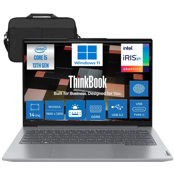 Lenovo Thinkbook 14 G6 Irl Intel Core I5-13420H 24 GB 512 GB SSD UHD Graphics 14" Wuxga 300NIT WINDOWS11 Pro Taşınabilir Bilgisayar 21KG00UCTR11 & Cimete Çanta ürün görseli 1