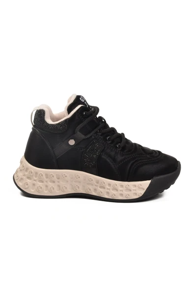 Siyah İçi Kürklü Bağcıklı Kadın Hi Sneaker ürün görseli 1