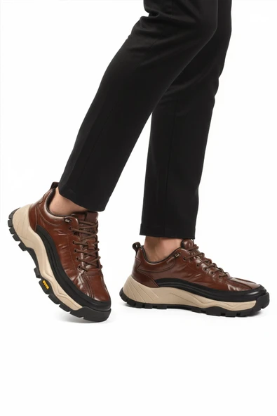 Kahve Hakiki Deri Bağcıklı Erkek Sneaker ürün görseli 1