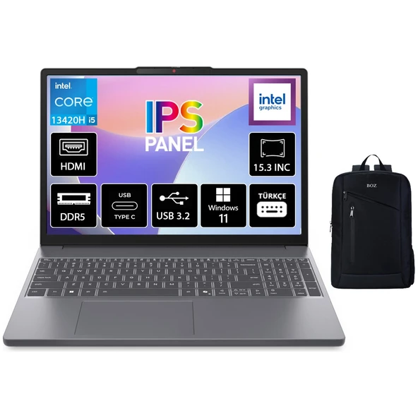 Ideapad Slim 3 Intel Core I5 13420H 8gb 512GB SSD Windows 11 Pro 15.3" Wuxga IPS Taşınabilir Bilgisayar 83K1004ETR + Boz Çanta ürün görseli 1
