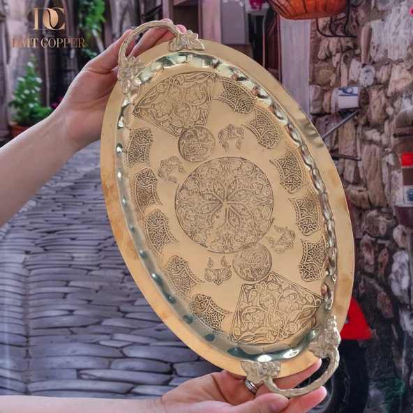 DMT Gaziantep Bakır 34,5 cm Osmanlı El İşi Sunum tepsi Kına tepsisi 34.5cmx21.5cm ürün görseli 1