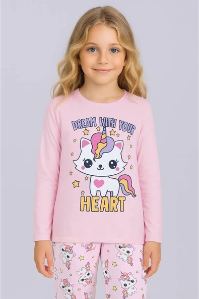 Kız Çocuk Baskılı Uzun Kollu %100 Pamuklu Pijama Takımı ürün görseli 1