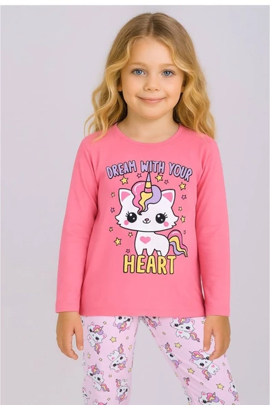 Kız Çocuk Baskılı Uzun Kollu %100 Pamuklu Pijama Takımı 5/8 Yaş ürün görseli 1