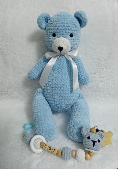 Kadife Ayıcık ve Emzik Zinciri Takımı Amigurumi Organik Oyuncak ürün görseli 1