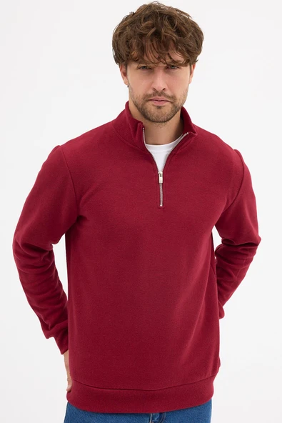 Erkek Bordo Standart Fit Normal Kesim Pamuklu Yarım Fermuarlı Dik Yaka Pamuklu Sweatshirt ürün görseli 1