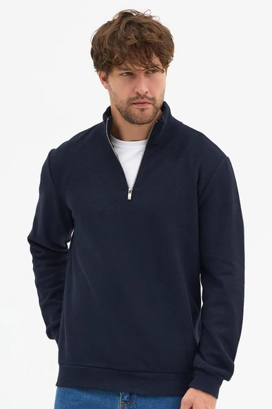 Erkek Lacivert Standart Fit Normal Kesim Pamuklu Yarım Fermuarlı Dik Yaka Pamuklu Sweatshirt ürün görseli 1