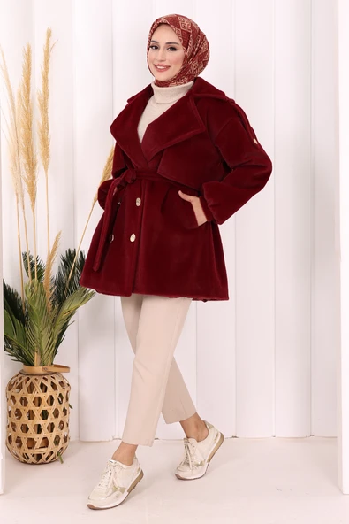 Düğmeli Kaban 70059 Bordo - Resim 3