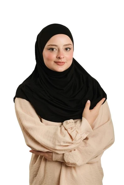 Siyah Pratik Hazır Geçmeli Tesettür Eşarp Viskon Boneli Büyük Boy 1290BV_01 ürün görseli 1
