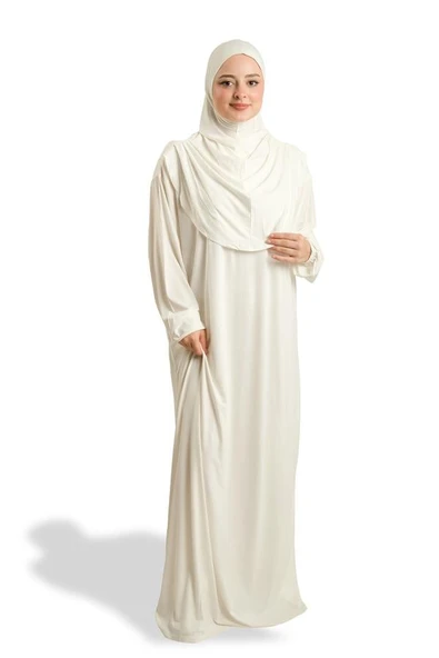 Krem Tek Parça Namaz Elbisesi Viskon Düz 2503_40 ürün görseli 1