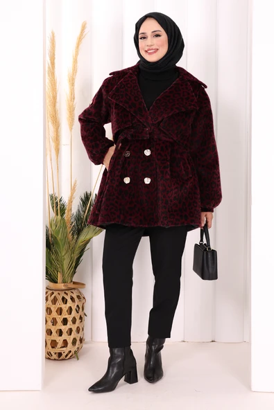 Leopar Düğmeli Kaban 70059-1 Bordo ürün görseli 1