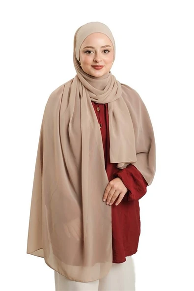 Bej Pratik Hazır Geçmeli Bone Şal Şifon Düz 2506_12 ürün görseli 1