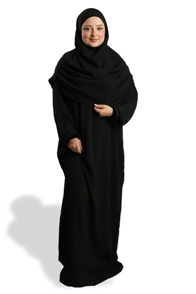 Siyah İki Parça Namaz Elbisesi Dokuma Kendinden Desenli 2502_01 ürün görseli 1