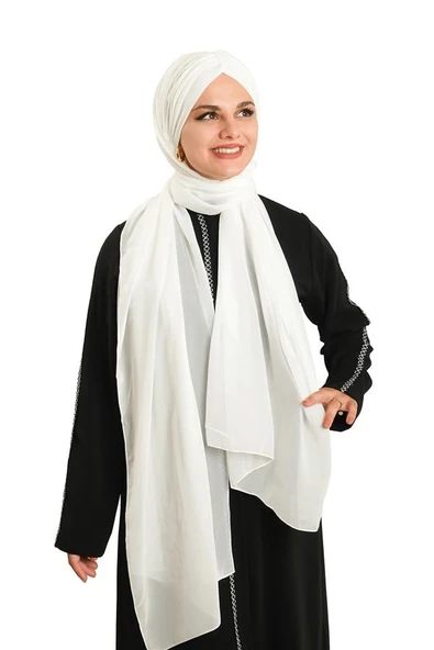 Krem Pratik Hazır Geçmeli Bone Şal Şifon Drapeli 2507_40 ürün görseli 1