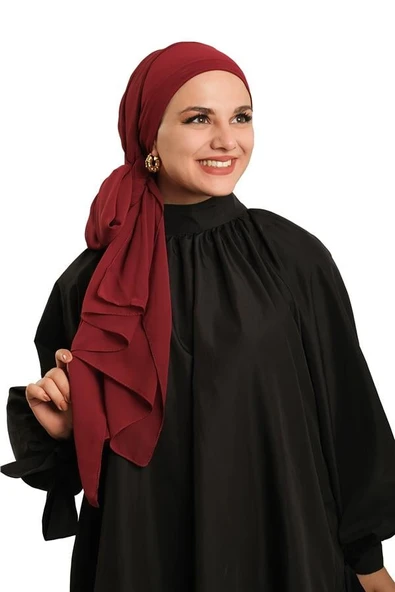 Bordo Pratik Hazır Geçmeli Bone Şal Şifon Düz 2506_16 ürün görseli 1