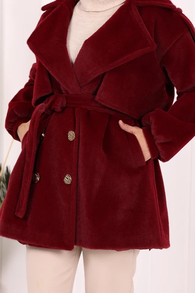 Düğmeli Kaban 70059 Bordo - Resim 6