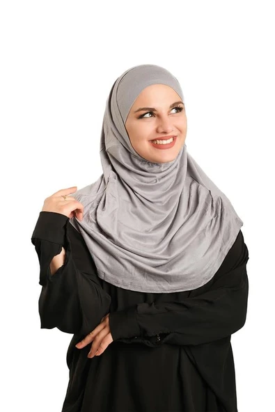 Gri Pratik Hazır Geçmeli Tesettür Eşarp Viskon Boneli Büyük Boy 1290BV_15 ürün görseli 1