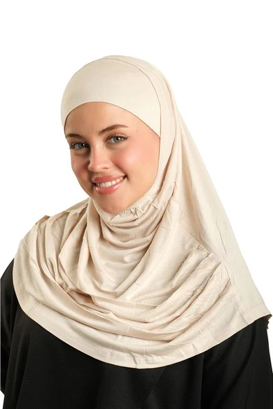 Bej Pratik Hazır Geçmeli Tesettür Eşarp Viskon Boneli Büyük Boy 1290BV_12 ürün görseli 1
