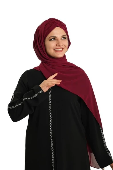 Bordo Pratik Hazır Geçmeli Bone Şal Şifon Drapeli 2507_16 ürün görseli 1