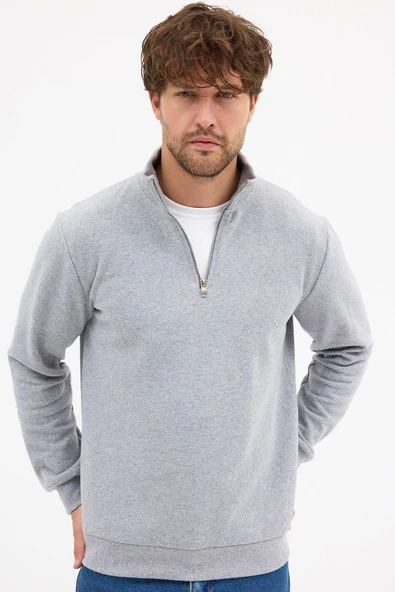 Erkek Gri Standart Fit Normal Kesim Pamuklu Yarım Fermuarlı Dik Yaka Pamuklu Sweatshirt ürün görseli 1